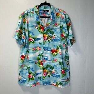 Island Haze Mens XL Tropical‎ Flamingo Pineapple Hibiscus Button Down Shirt Blue